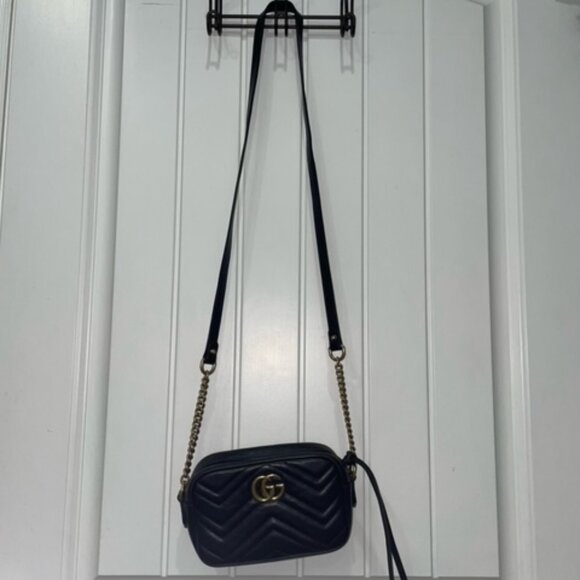 USED Gucci GG Marmont Mini Shoulder Leather Bag Black Gold Tone - Picture 1 of 4